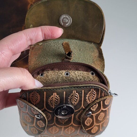 Vintage Hand-Tooled Leather Crossbody Bag + Owl Coin Purse • Boho • Artisan - Picture 5 of 14